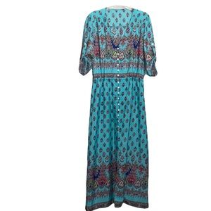 Printed Boho V-Neck Maxi Half Sleeves Dress Beach Swim Cover Drawstring Waist